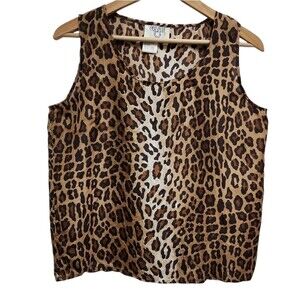 Cervelle Top Sz S 100% Silk Brown Leopard Print Sleeveless Scoop Pullover Boho